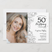 Elegantes Schwarz-weißes florales Foto 50. Geburts Einladung (Vorderseite)