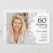 Elegantes Schwarz-weißes florales Foto 60. Geburts Einladung (Vorderseite)