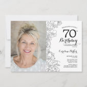 Elegantes Schwarz-weißes florales Foto 70. Geburts Einladung (Vorderseite)