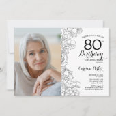 Elegantes Schwarz-weißes florales Foto 80. Geburts Einladung (Vorderseite)