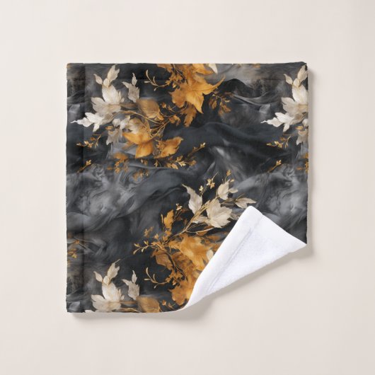 Elegantes, Schwarz-weißes, florierendes Muster Badhandtuch Set (Waschlappen)