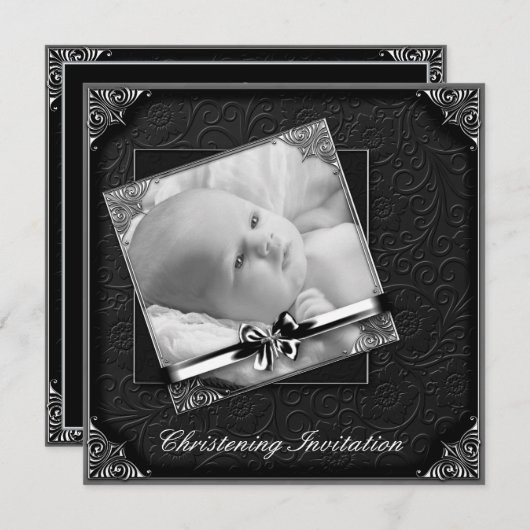 Elegantes Schwarz-weißes Foto Christening Einladung (Vorne/Hinten)