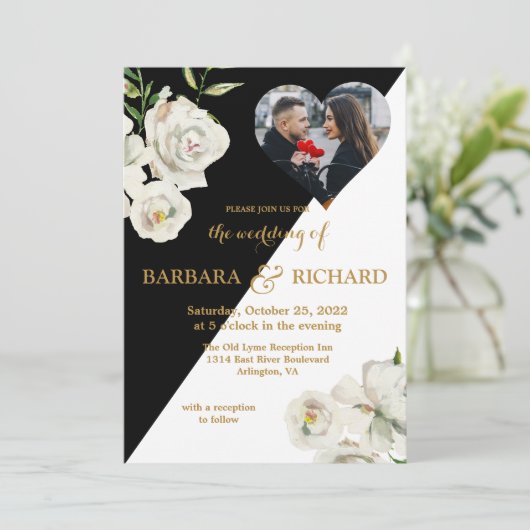 Elegantes Schwarz-weißes Foto Einladung (Stehend Vorderseite)