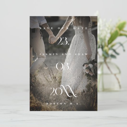 Elegantes Schwarz-weißes Foto Hochzeit Save The Date (Stehend Vorderseite)