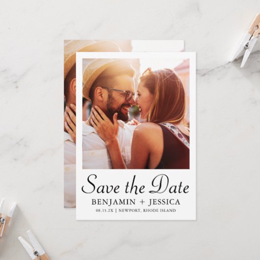 Elegantes Schwarz-weißes Foto Hochzeit Sichern Sie (Vorderseite/Rückseite Beispiel)