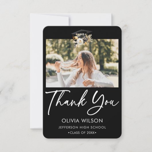 Elegantes Schwarz-weißes Gold Floral Abschluss Fot Dankeskarte (Vorderseite)