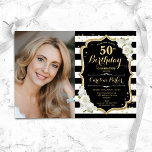 Elegantes Schwarz-weißes Gold Foto 50. Geburtstag Einladung<br><div class="desc">Elegante Blumenladen zum 50. Geburtstag mit Ihrem Foto. Glam Schwarz-weißes Design mit Imitaten Glitzer Gold. Enthält schwarz-weiße Streifen,  Rose,  Skript-Schriftart und Konfetti. Ideal für ein stilvolles Party für Erwachsene. Personalisieren Sie Ihre persönlichen Daten. Kann für jedes Alter angepasst werden! Gedruckte Zazzle Einladungen oder Sofortdownload digitalen druckbaren Vorlage.</div>