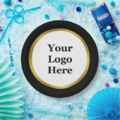 Elegantes Schwarz-weißes Gold-Logo hier Vorlage Pappteller (Party)