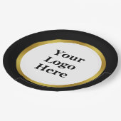 Elegantes Schwarz-weißes Gold-Logo hier Vorlage Pappteller (Schrägansicht)