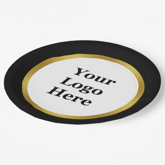 Elegantes Schwarz-weißes Gold-Logo hier Vorlage Pappteller (Schrägansicht)