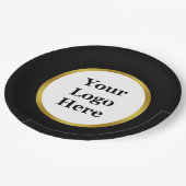 Elegantes Schwarz-weißes Gold-Logo hier Vorlage Pappteller (Schrägansicht)