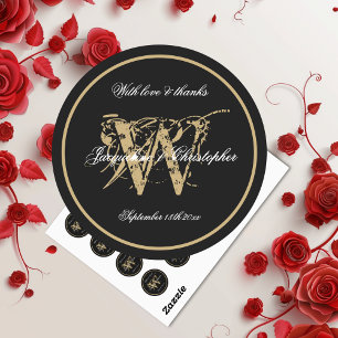 Elegantes Schwarz-weißes Gold Monogram Name Chic S Runder Aufkleber