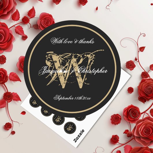 Elegantes Schwarz-weißes Gold Monogram Name Chic S Runder Aufkleber