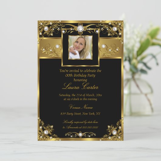 Elegantes Schwarz-weißes Gold Pearl Foto Geburtsta Einladung (Stehend Vorderseite)