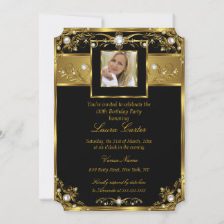 Elegantes Schwarz-weißes Gold Pearl Foto Geburtsta Einladung