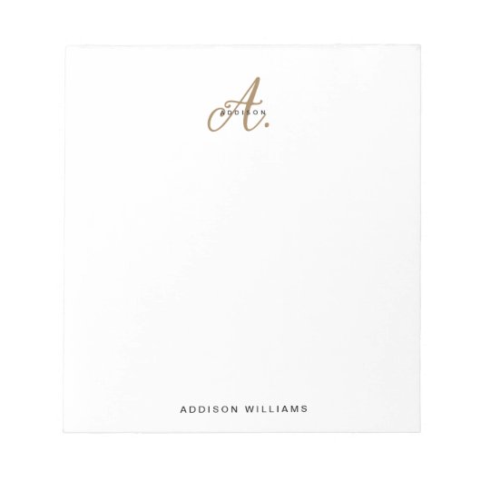 Elegantes Schwarz-weißes Gold Script Monogram Notizblock (Vorderseite)