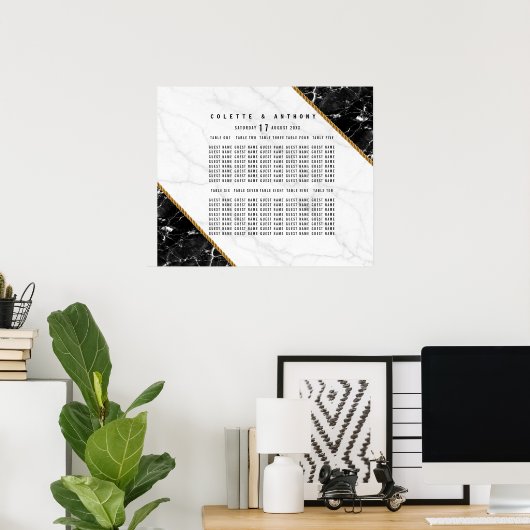 Elegantes Schwarz-weißes Goldmarmor-Seating Chart Poster (Heimbüro)