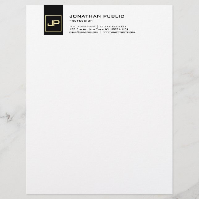 Elegantes Schwarz-weißes Goldmonogramm-modernes Briefbogen (Vorderseite)