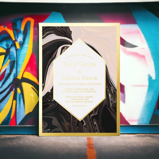 Elegantes Schwarz-weißes HochzeitGold mit minimale Folieneinladung