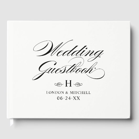 Elegantes Schwarz-weißes Hochzeitmongramm Gästebuch (Vorderseite)