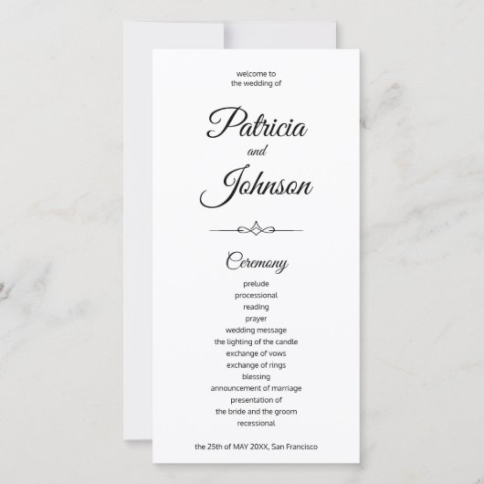 Elegantes Schwarz-weißes Hochzeitsprogramm für Kal (Vorderseite)