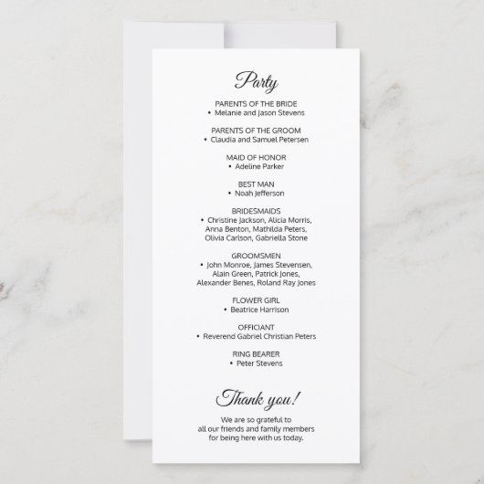 Elegantes Schwarz-weißes Hochzeitsprogramm für Kal (Rückseite)