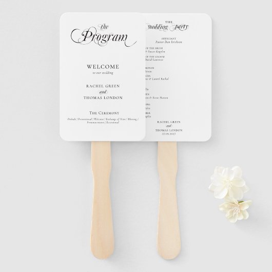 Elegantes Schwarz-weißes Hochzeitsprogramm für Kal Fächer (Vorne und Hinten)