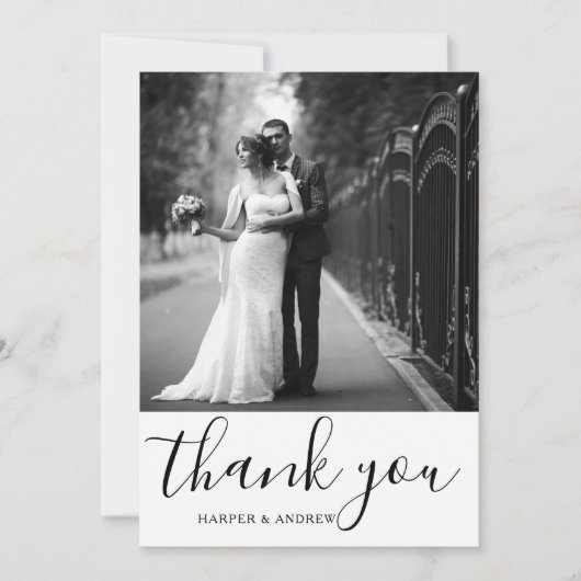 Elegantes Schwarz-weißes Hochzeitsszenario-Foto Da Dankeskarte (Vorderseite)