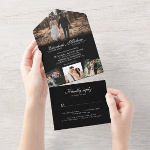 Elegantes Schwarz-weißes Kalligrafie-Foto Hochzeit All In One Einladung