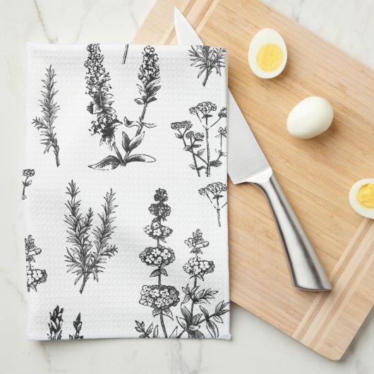 Elegantes Schwarz-weißes Kräutergartenmuster Geschirrtuch (Viertel Falte)