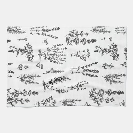 Elegantes Schwarz-weißes Kräutergartenmuster Geschirrtuch (Horizontal)