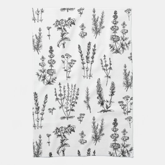 Elegantes Schwarz-weißes Kräutergartenmuster Geschirrtuch (Vertikal)