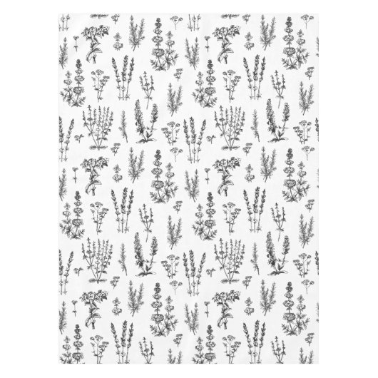 Elegantes Schwarz-weißes Kräutergartenmuster Tischdecke (Vorderseite)