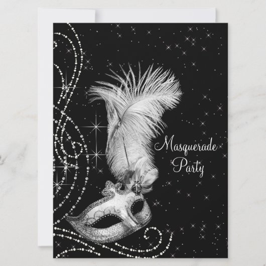 Elegantes Schwarz-weißes Masquerade-Party Einladung (Vorderseite)