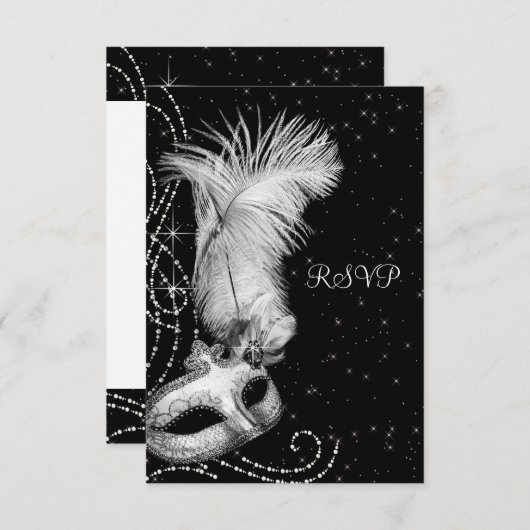 Elegantes Schwarz-weißes Masquerade-Party RSVP Karte (Vorne/Hinten)