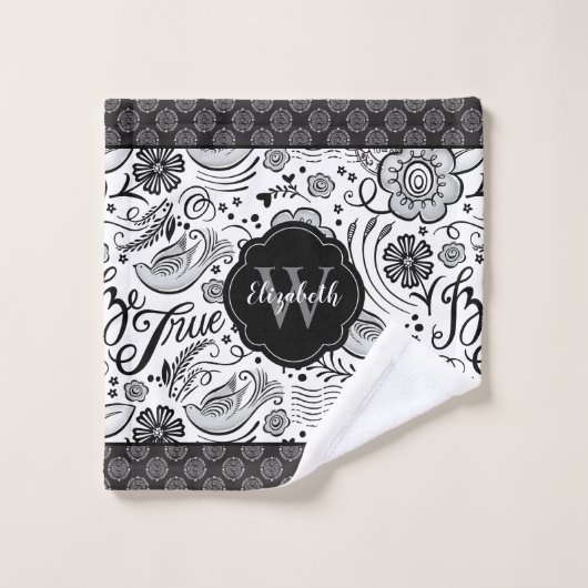 Elegantes Schwarz-weißes Monogramm Badhandtuch Set (Waschlappen)