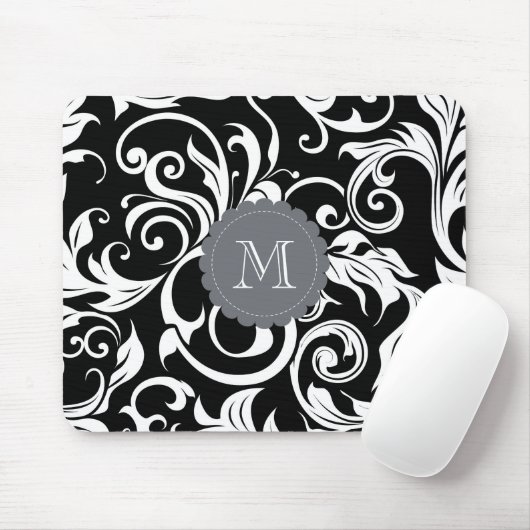 Elegantes Schwarz-weißes Monogramm-Blumentapete Mousepad (Mit Mouse)