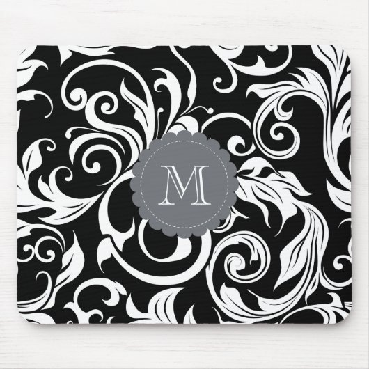Elegantes Schwarz-weißes Monogramm-Blumentapete Mousepad (Vorne)
