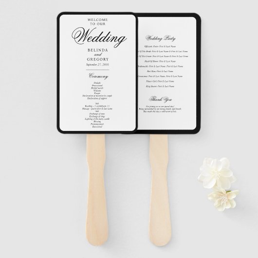 Elegantes Schwarz-weißes Monogramm-Hochzeitsprogra Fächer (Vorne und Hinten)
