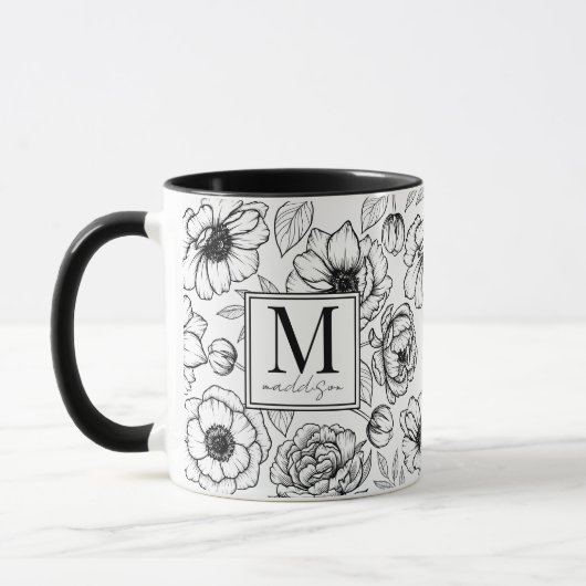 Elegantes Schwarz-weißes Monogramm Tasse (Links)