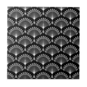 Elegantes schwarz-weißes Ornament im Art Deco-Stil Fliese