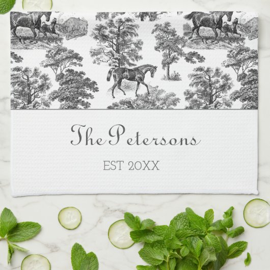 Elegantes Schwarz-weißes Pferd Rustikales Bauernha Geschirrtuch (Gefaltet)