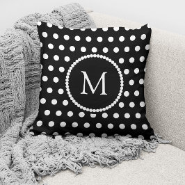 Elegantes Schwarz-weißes Polka Dots Monogramm Kissen
