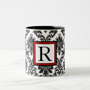 Elegantes Schwarz-weißes Red Damask Monogramm Zweifarbige Tasse