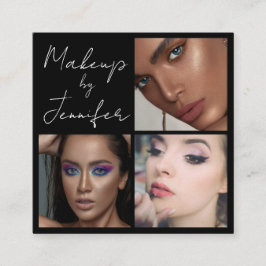 Elegantes Schwarz-weißes Script 3 Foto Makeup Quadratische Visitenkarte