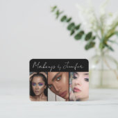 Elegantes Schwarz-weißes Script 3 Foto Makeup Visitenkarte (Stehend Vorderseite)