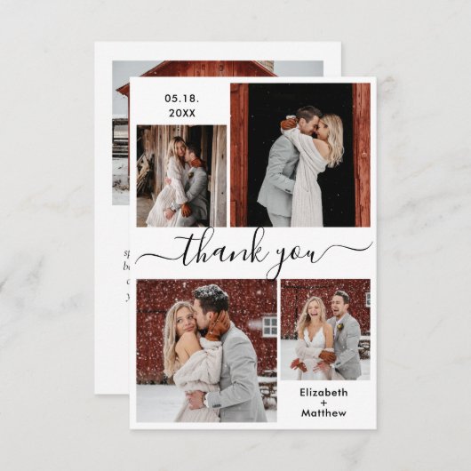 Elegantes Schwarz-weißes Script 4 Foto Collage Wed Dankeskarte (Vorne/Hinten)