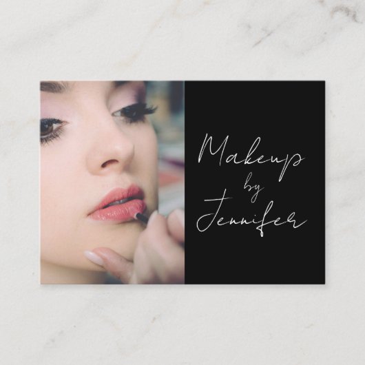 Elegantes Schwarz-weißes Script-Foto Makeup Visitenkarte (Vorderseite)