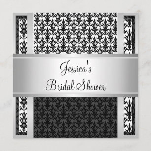 Elegantes Schwarz-weißes Silver Damask Brautparty Einladung