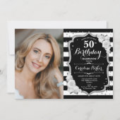 Elegantes Schwarz-weißes Silver Foto 50. Geburtsta Einladung (Vorderseite)